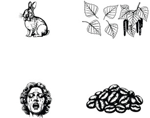 Fototapeta premium Vector art of a rabbit sits near falling leaves and a crying womans face, with coffee beans