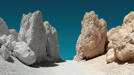 Rugged rock formations against a vibrant blue sky.
