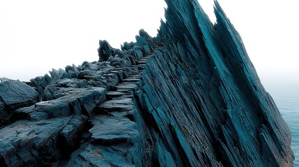 Rugged, dark rocks ascend a dramatic cliff face.