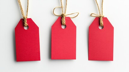 Three blank red gift tags with twine on white background.