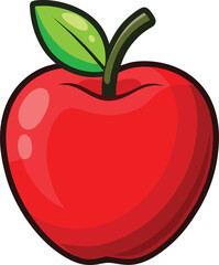 Fototapeta premium Vibrant cartoon red apple with green leaf and stem on white background