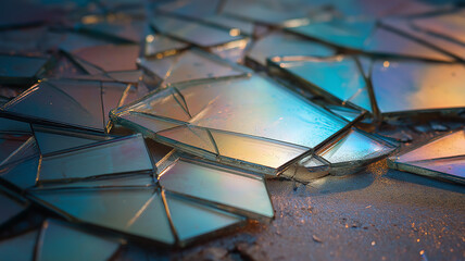 Broken mirror multiple reflections, fractured shards reflecting different angles, cool ambient light, surreal artistic theme