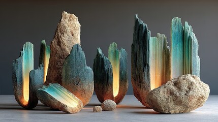 Abstract rock sculptures with interior lighting.