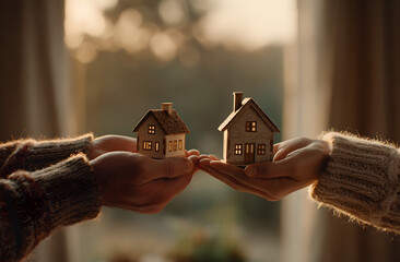 Hands exchanging house models. Concept of downsizing property ownership living space. Transition, change decision. Smaller vs bigger house size comparison. Real estate, housing, accommodation,