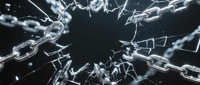 Metallic Links Shattering Glass Barrier in Dark Space, Illustrating Freedom and Strength