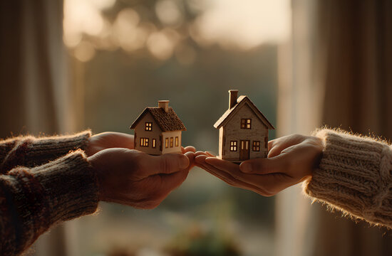 Hands exchanging house models. Concept of downsizing property ownership living space. Transition, change decision. Smaller vs bigger house size comparison. Real estate, housing, accommodation,