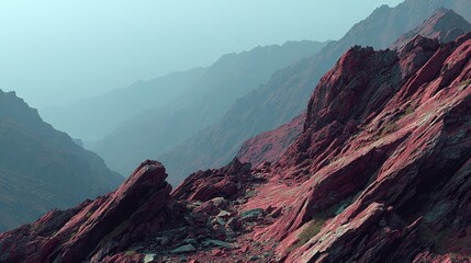 Red rock formations in a mountainous landscape.