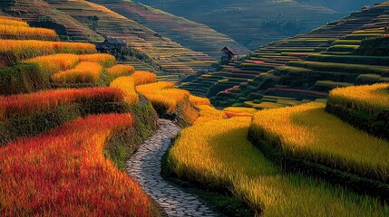 Colorful terraced rice paddies with a stone path.