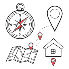 Simple graphic of compass, map, and destinations for travel planning