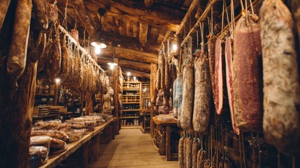 Rustic shop interior with cured meats hanging from wooden racks, shelves of goods, and warm lighting