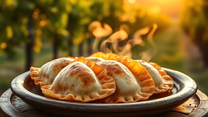 Traditional empanadas on rustic clay plate, steam rising against softly blurred vineyard in golden hour light.