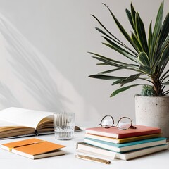 Books, plant, and glasses on a white surface