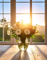 Bouquet of flowers by window at sunset