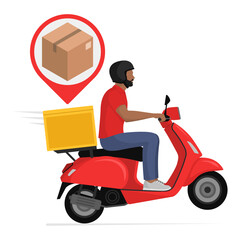 Delivery man riding a scooter and delivering a parcel
