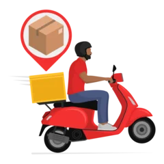  Delivery man riding a scooter and delivering a parcel © elenabsl
