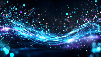 Dark background with flowing blue and purple light trails, sparkling particles