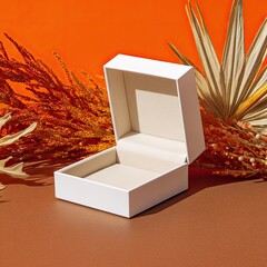 White gift box on a muted orange background