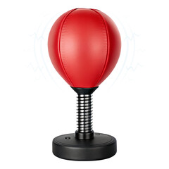 A mini desktop punching bag mid-punch with glowing stress relief waves and tension break icons orbiting the inflatable head, spring base compressed, isolated on transparent background