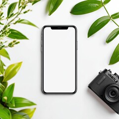 Smartphone and camera surrounded by greenery (2)