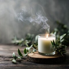 Scented candle with smoke and leaves