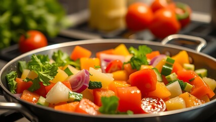 Fresh vegetables sizzling in a frying pan, vibrant colors under warm kitchen lighting.