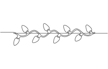 One continuous line drawing of Christmas garland with light bulbs,  Festive festoon  string and divider border in simple linear style. Editable stroke.