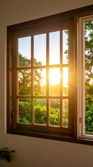 Golden Morning Sunlight Illuminating Through Wooden Window Frame and Green Trees Outside