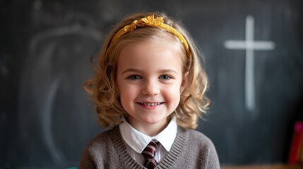 A young girl in a school uniform smiles brightly against a blackboard background, exuding joy and positivity in a vibrant, clear setting that captures the essence of student life and education.
