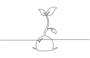 Minimalist one line art of a sprout growing from the ground, symbolizing nature, growth, Single continuous line art sprout growth isolated on white background. 