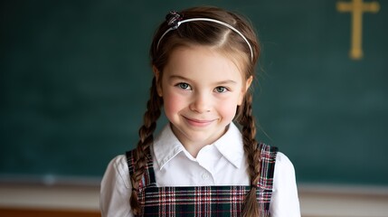 A young girl in a school uniform smiles brightly against a blackboard background, exuding joy and positivity in a vibrant, clear setting that captures the essence of student life and education.
