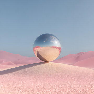 Abstract 3d transparent sphere in desert 