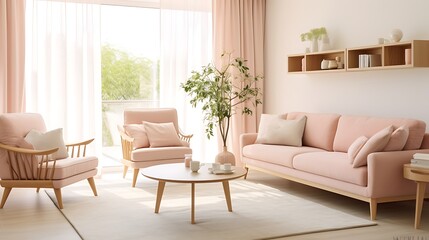 Bright open-plan living area with a pastel pink sofa, oak wood furniture, beige linen drapes, and neutral color walls in soft daylight .