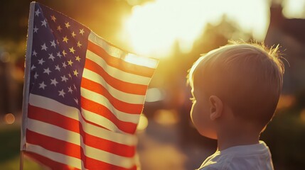 A young child looking at an american flag waving in the wind during a sunny day with bright light