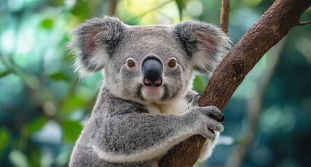 Obraz premium Cute koala marsupial climbing a tree in the Australian wildlife forest habitat