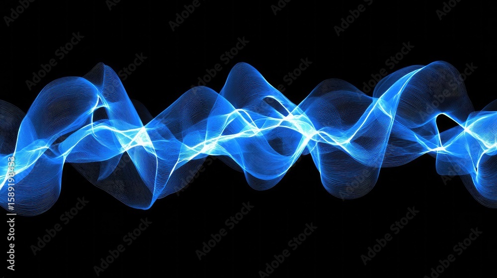 Poster glowing particle waves in deep blue tones, dynamically twisting and pulsating, representing energy a