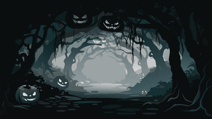 A spooky halloween night scene featuring carved pumpkins in a dark and eerie forest setting view