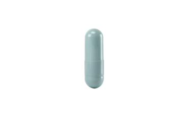 Single light blue capsule pill. A medical drug for vitamin, supplement, or healthcare treatment from a pharmacy, isolated on white background with clipping path.