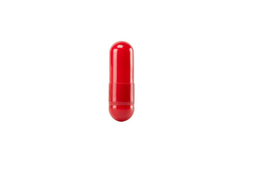 Single red medicine capsule, a simple dose of a generic drug or vitamin supplement. Pharmaceutical healthcare and medical concept for pain relief. isolated on white background with clipping path.