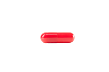 Red pill capsule, a macro of a common medical drug for healthcare and treatment. A single dose of medicine or a vitamin supplement. isolated on white background with clipping path.