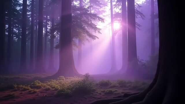 Enchanted forest purple haze mystical woods trees nature landscape background wallpaper aesthetic 4k