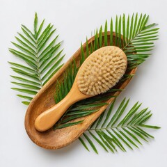 Wooden hairbrush in a wooden bowl with palm leaves