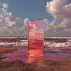 Abstract factasy and realistic mirror in desert, background, futuristic