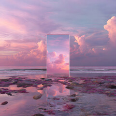 Abstract factasy and realistic mirror in desert, background, futuristic