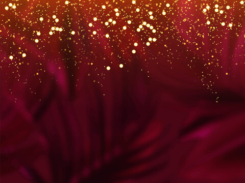 Classic magenta tropical forest foliage vector background. Dark palm leaves wedding invitation. Exotic tree card texture. Starring sky art. Wine save the date. Elegant outdoor party template garland