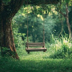 Rustic wooden swing in a lush garden