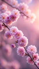 Obraz premium Delicate pink cherry blossoms bloom on a branch with soft focus and warm sunlight creating a dreamy spring atmosphere
