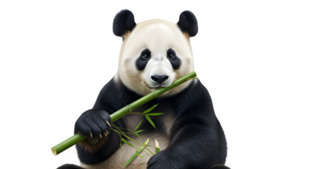 Panda bear sitting and eating bamboo on white background  holding photorealistic animal object