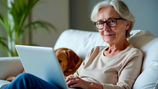 Senior gray-haired woman in glasses sitting on a sofa with a laptop, dog lying nearby