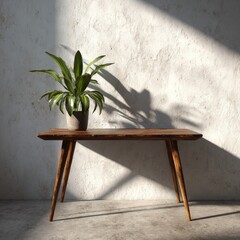 Wooden console table with plant