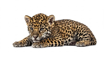 Obraz premium 愛らしいジャガーの子 白い背景で輝く毛並. AI Generated
